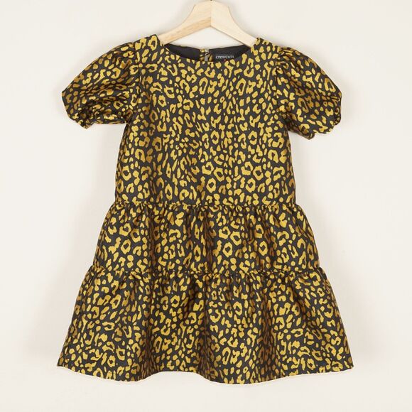 J Crew Crewcuts Jaquard Black Gold Leopard Print Metallic Tiered Dress Girls 6
